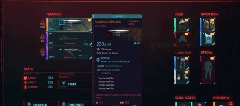 cyberpunk johnny silverhand weapon