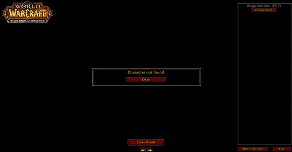 world of warcraft fix character not found error