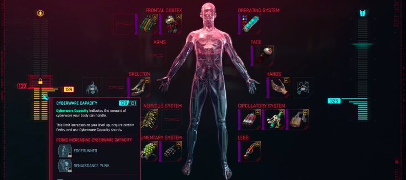 A screen capture of V's Cyberware Capacity