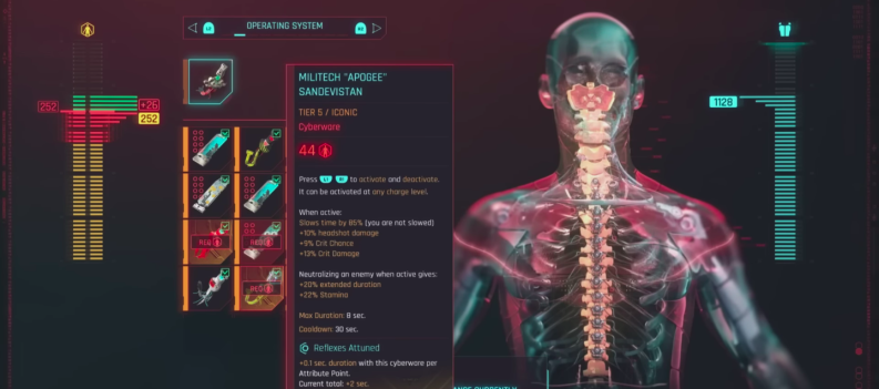 The Militech "Apogee" Sandevistan in the player's Operating System Cyberware