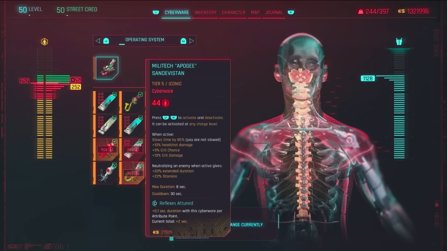 The Militech "Apogee" Sandevistan in the player's Operating System Cyberware