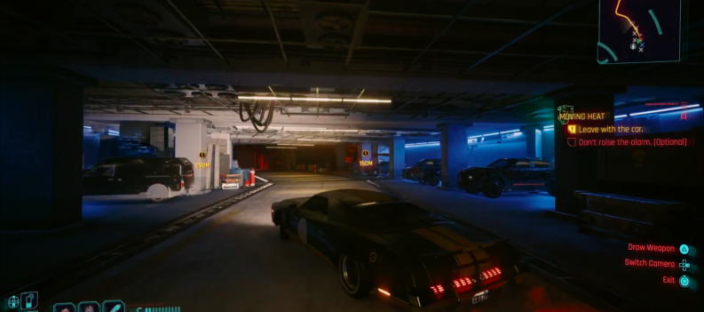 A screen capture of V driving the stolen car in the 'Moving Heat' Side Job