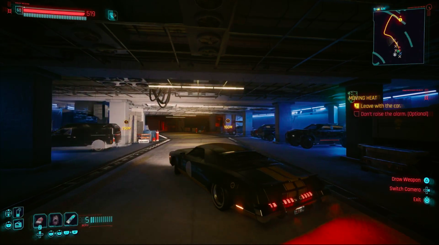 A screen capture of V driving the stolen car in the 'Moving Heat' Side Job