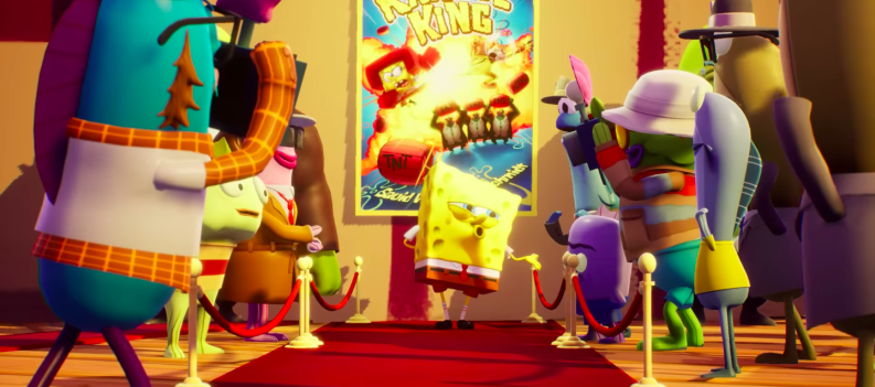 SpongeBob smiling in front of a crowd.