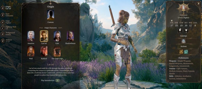 A screenshot of the Fighter Class Lae'zel in the character select screen in Baldur's Gate 3.