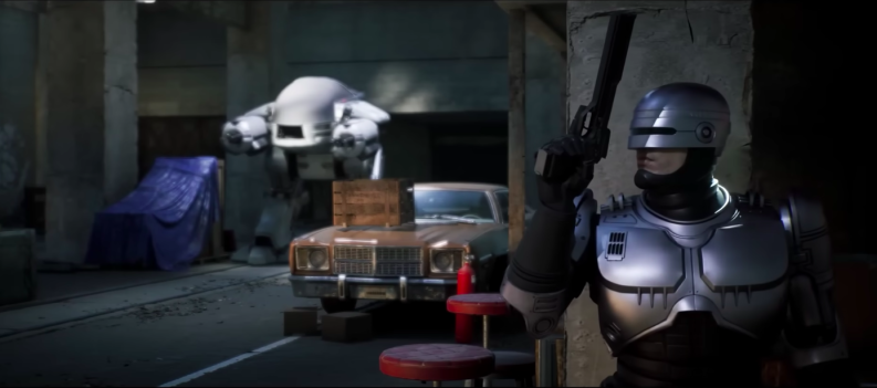 RoboCop hiding behind a pillar.