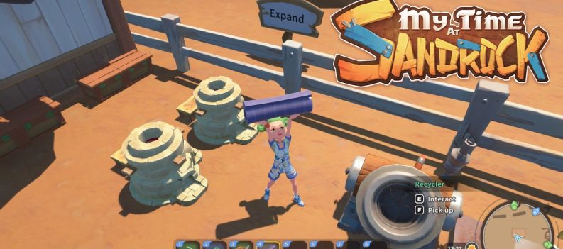 An image of the player holding a rubber over her head in My Time at Sandrock.