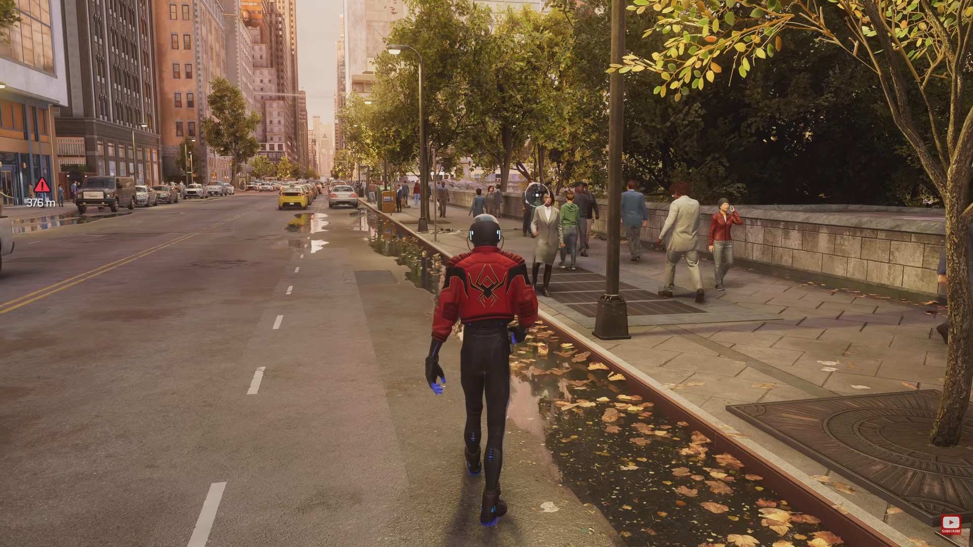 A screenshot of Spider-Man walking around New York in Spider-Man 2.