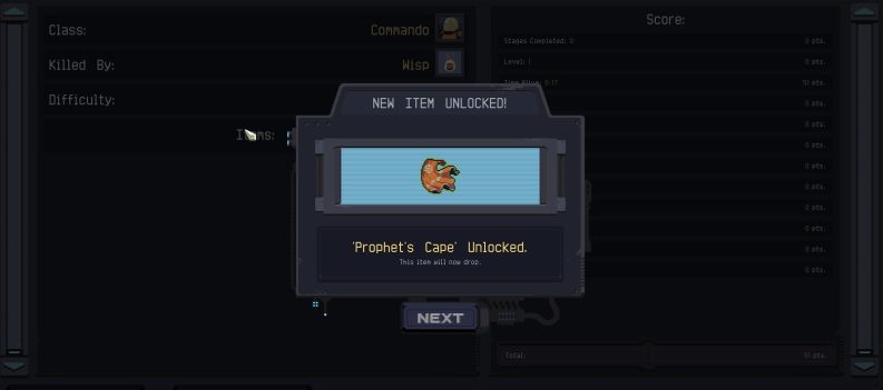 A screenshot of the Prophet's Cape in Risk of Rain: Returns.