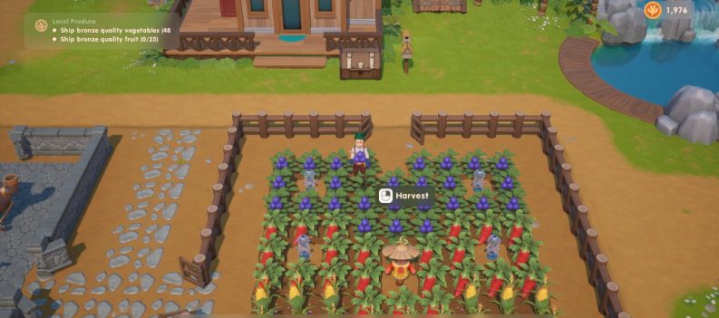 A screenshot of the farmer harvesting her Osmium crops in Coral Island.